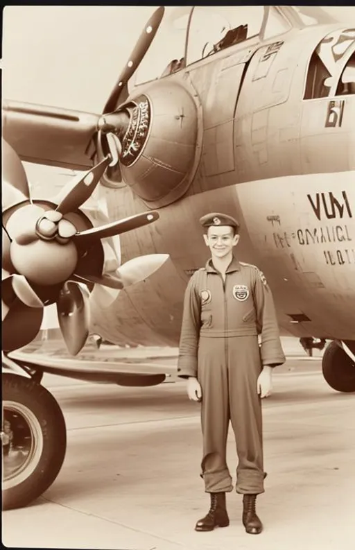 Prompt: vintage photograph of a young Air Force pilot in his uniform standing in front of an aircraft from the Vietnam War era. 