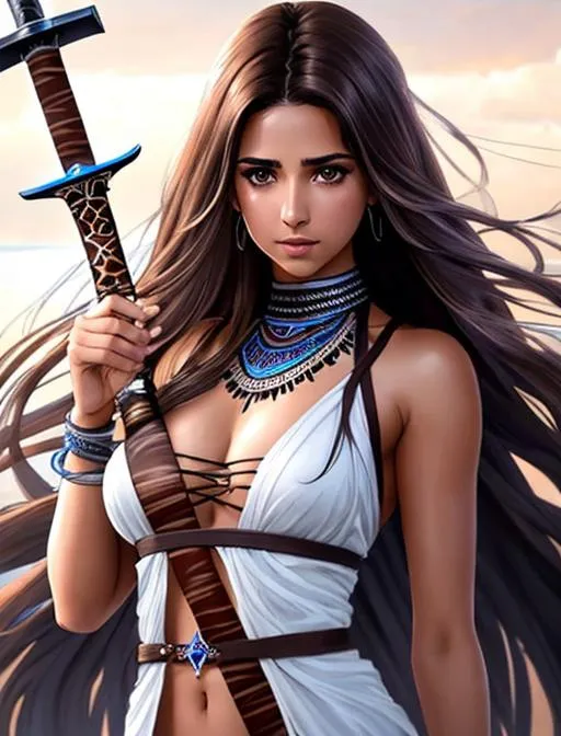 Prompt: Naomi Scott holding the  summoning a magical anime long sword, sleeveless, brown hair, brown eyes, wearing tribal cueitl, ethereal, sad, jewelry set balayage wild hair, royal vibe, highly detailed, watery eyes,tears running down face, highly detailed face, digital painting, Trending on artstation , HD quality, tan skin,artgerm,  by Ilya Kuvshinov 