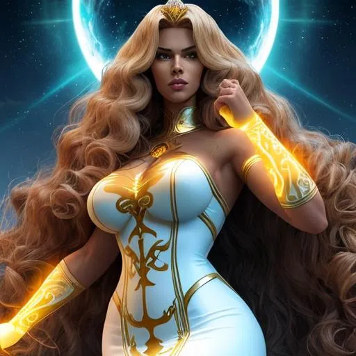Prompt: A beautiful 25 ft tall 28 year old evil ((Latina)) light elemental queen giantess with light brown skin and a beautiful face. She has a strong body. She has long curly yellow hair and yellow eyebrows. She wears a beautiful white dress with gold. She has brightly glowing yellow eyes and white pupils. She wears a gold tiara. She has a yellow aura around her. She is using yellow light magic against an entire army in a open plane. She is fighting aggressively. Epic battle scene art. Portrait art. {{{{high quality art}}}} ((goddess)). Illustration. Concept art. Symmetrical face. Digital. Perfectly drawn. A cool background. Five fingers. Front view 