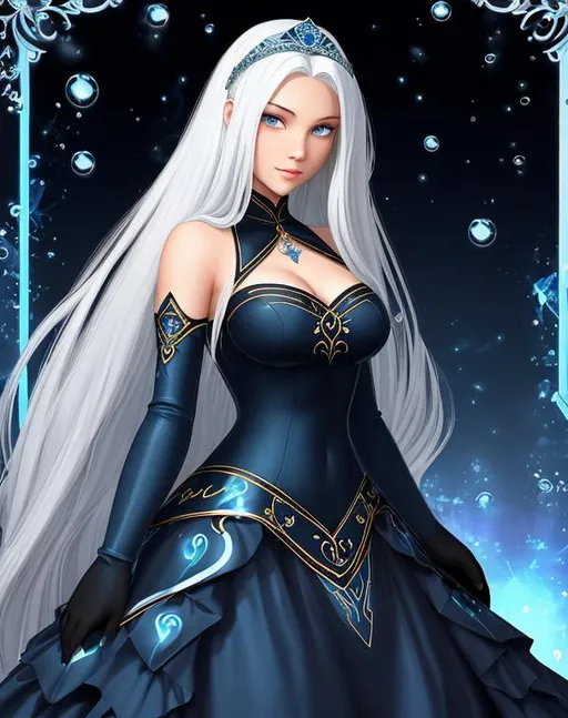 Prompt: A beautiful young 15 year old ((British)) Water elemental princess with light skin and a beautiful face. She has long white hair and white eyebrows. She wears a beautiful slim dark blue dress. She has brightly glowing dark blue eyes and water droplets shaped pupils. She wears a blue tiara. She has a blue aura around her. She is at prom in a large school gym with people around her. Beautiful scene art. Scenic view. Full body art. {{{{high quality art}}}} ((goddess)). Illustration. Concept art. Symmetrical face. Digital. Perfectly drawn. A cool background. Five fingers