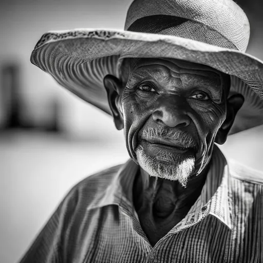 Prompt: An original black and white photo of a cuban man in his 70s. he has wrinkles on his face and he is wearing a big hat.

4k hyper detailed, ultra realistic

