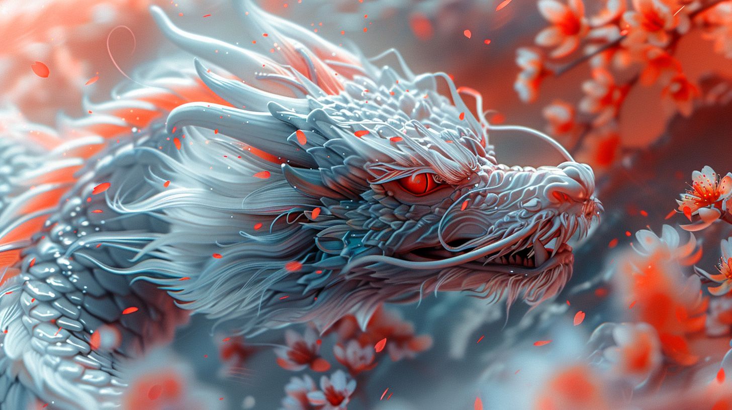 Prompt: Liquid metal dragon, its scales adorned with cherry blossom patterns, standing out against a red and white gradient background. The scene should evoke the precision of top-tier graphics engines, with a strong focus on the dragon's details