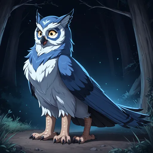 Prompt: Attractive woman. Monster. Owl Transformation. Beak. Midnight blue