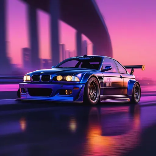 Prompt: 2001 BMW M3 E46 GTR, synthwave, aesthetic cyberpunk, miami, highway, dusk, neon lights, coastal highway, dusk, neon lights, coastal highway, sunset, drift, nurburgring, drift race, water on the road, blade runner, 64k, watercolor, macro sharp focus, 8, hyper realistic, cinematic, highly detailed, photoraelistic, clean
