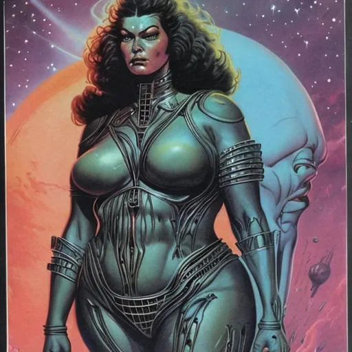 Prompt: plus size alien warrior woman, from 1970's science fiction book cover