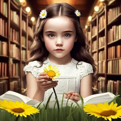 Prompt: A big picture about daisy flower in a library, there is a small girl with long black hair watching it