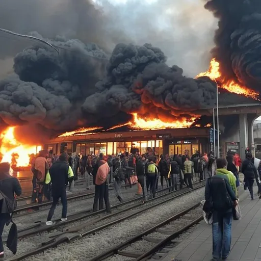 Prompt: train station on fire and people fleeing