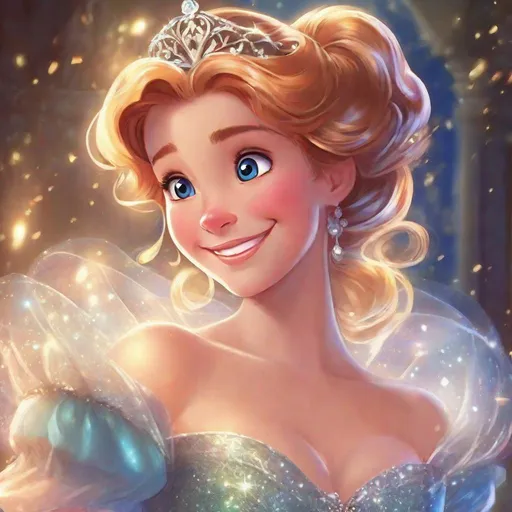 Prompt: Vivid, detailed, Disney classic art style, Giselle Disney princess, smiling, sparkling glittering gown, anime, tiara, visible cleavage, hugging prince