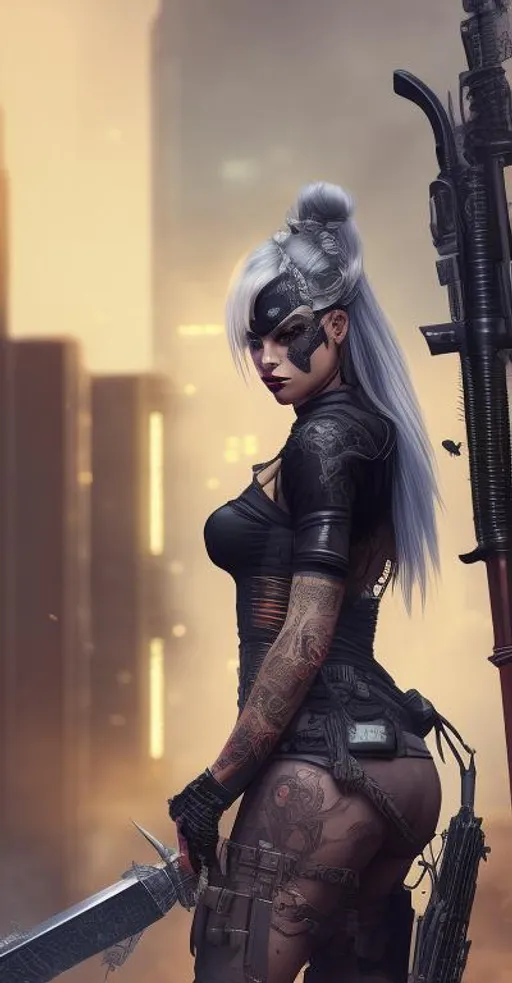 Prompt: Beautiful cyberpunk female with tattoos, apocalyptic, swords, guns, fire, anatomical, dark, gothic