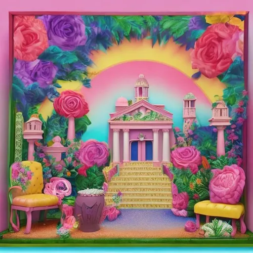 Prompt: Lisa frank style rose garden diorama