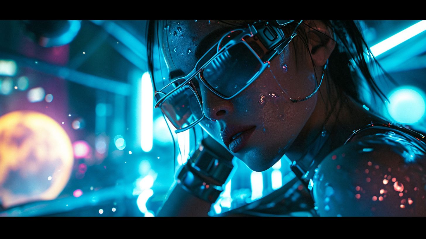 Prompt: Create a wide image that simulates a macro photograph of a woman with a cyberpunk style, wearing glasses, lounging on a floating planet. The scene should have realistic, hyper-detailed features with a focus on textures that suggest liquid metal. The portrait should capture intricate details as seen in macro photography, with a clear emphasis on the textures of the woman's attire and the reflective qualities of her glasses. The background should include floating planets with a luminous, reflective quality, but rendered with a shallow depth of field to ensure the woman remains the central, sharply focused subject. The lighting should be precise and detailed, highlighting the micro textures and creating a contrast between light and shadow that is characteristic of macro photography.