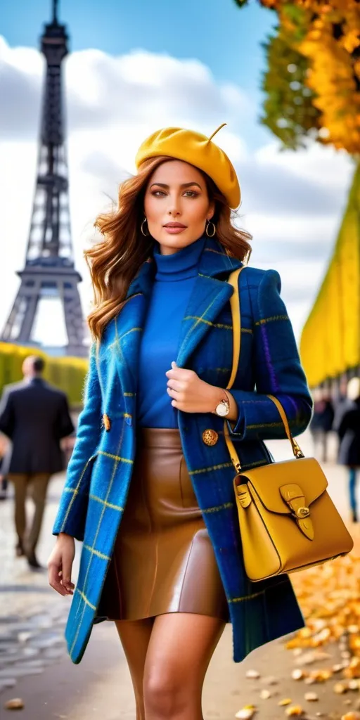 Prompt: 8k photo of a beautiful sophisticated French woman, olive skin, long auburn hair, blue-eyed, upturned nose, natural makeup, tall & leggy, blue plaid tweed jacket yellow turtleneck sweater & beret, blue leather skirt, Prada boots, walking in a busy & crowded Paris park, Eiffel Tower in background, detailed features, realistic, highres, sophisticated, elegant, natural lighting, vibrant colors, realistic curvy physique, natural lush opulent figure, modern fashion, trendy, editorial fashion photography, magazine cover style