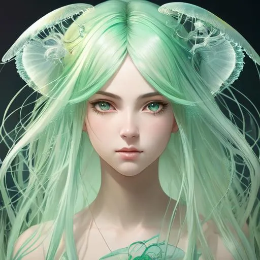 Prompt: a jellyfish girl with symmetrically white and green hair, perfect composition, hyperrealistic, super detailed, 8k, high quality, trending art, trending on artstation, sharp focus, studio photo, intricate details, highly detailed, by greg rutkowski, illustration, watercolor