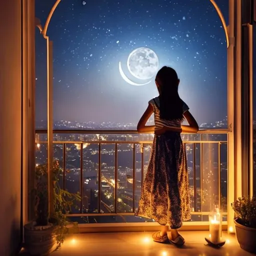 Prompt: A girl watching moon standing in Beautiful balcony with a view of city . Lights in balcony, night