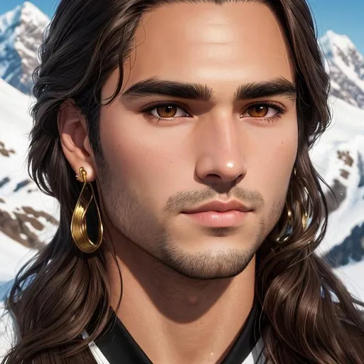 Prompt: man, brown middle part hair, medium long hair, brown eyes, thick black eyebrows, juicy lips, beautiful nose, oval face, golden earring left side ear, mountain background, detailed face portrait, realism, 4k, HD