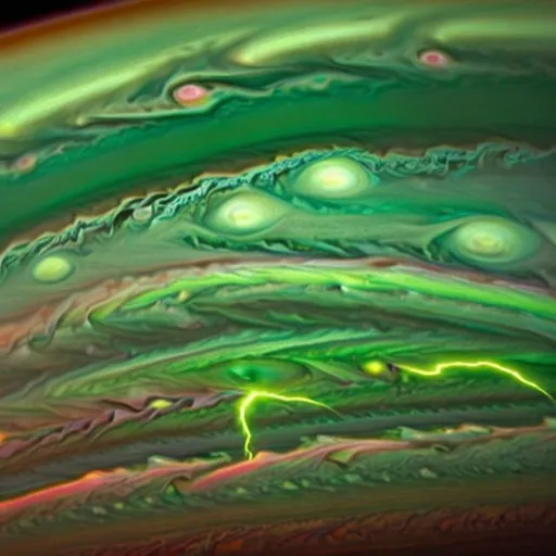 Prompt: Green lightning on Jupiter from space
