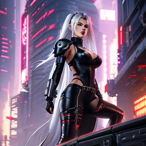 Prompt: ((Masterpiece)), cyberpunk female, vhs, messy long hair, stylized, red lips, full body action pose, silver hair, final fantasy 7, full body, intricate, elegant, highly detailed, digital painting, artstation, concept art, matte, sharp focus, illustration, art by artgerm and greg rutkowski and alphonse mucha, 8k, HDR, UHD,  <lora:epiNoiseoffset_v2:0.8>