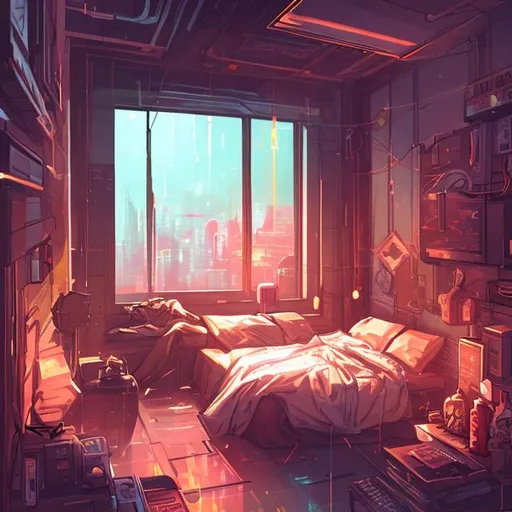 Prompt: cozy bedroom scenery where a girl is laying down on the bed concept art sketch warm colors cyberpunk style