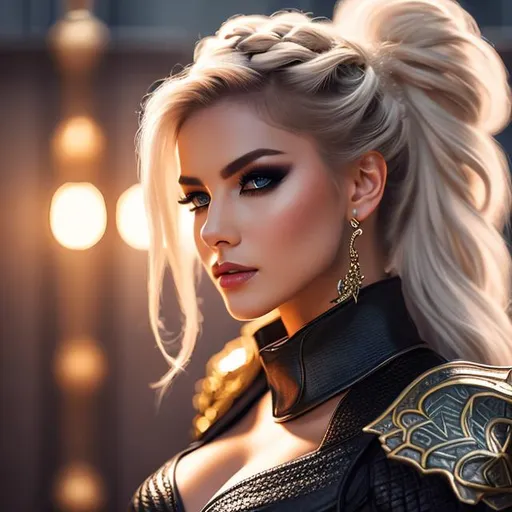 Prompt: Masterwork, octane render, beautiful busty woman, braided pony tail, voluminous hair, leather, armor, crop top, leather boots, full body, by wlop