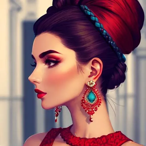 Prompt: woman with stylish topknot,  colors of red and turqouise