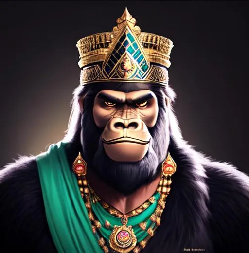 Prompt: King kong as an indian prince looking towards the camera , NFT , realistic , portrait , dark black background , half body portrait 