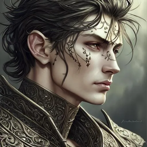 Prompt: Highly detailed digital art, hyper realistic, beautiful pixie male, pearlescent skin, full lips, high cheekbones, tall, muscular, wavy black hair, black eyes, intricate and detailed body armor , war general, stunning visuals, highly detailed and intricate, art by arthur rackham .

















