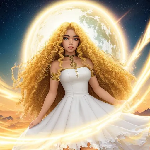 Prompt: A beautiful 15 year old ((Latina)) light elemental with light brown skin and a beautiful face. She has curly yellow hair and yellow eyebrows. She wears a beautiful white dress with gold. She has brightly glowing yellow eyes and white pupils. She has a yellow aura around her. She is standing in a beautiful open plain. Beautiful scene art. Scenic view. Full body art. {{{{high quality art}}}} ((goddess)). Illustration. Concept art. Symmetrical face. Digital. Perfectly drawn. A cool background. Five fingers