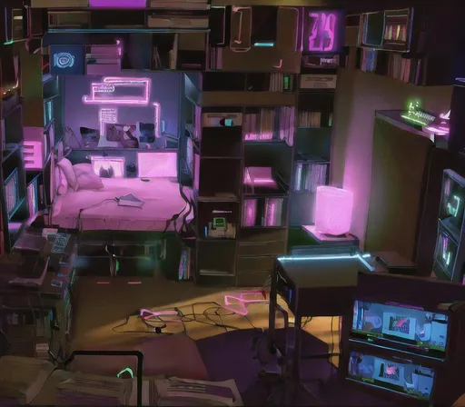 Prompt: neon bedroom with a large desk to the left with multiple monitors. On the right is a large bed surrounded by bookshelves