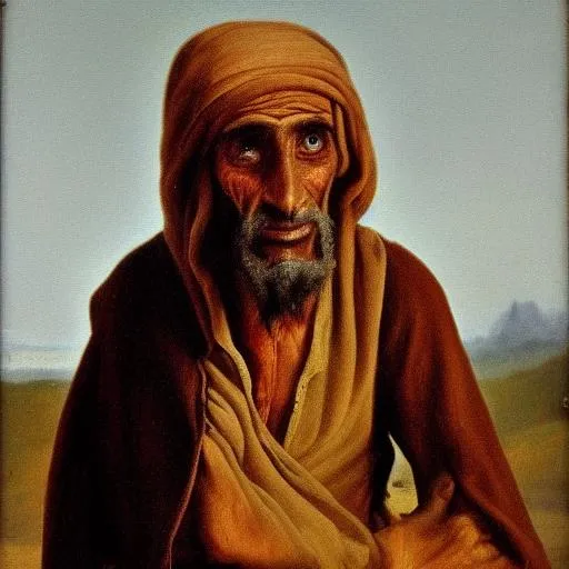 Prompt: a creepy old Arabian beggar man, 18th century oil painting