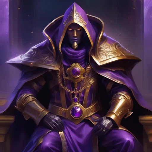 Prompt: A male genestealer hooded cult leader, full face golden mask, cloack made of purple smoke(((handsome))), Perfect hands, perfect Arms, cast purple smoke, Skimpy Outfit, Cleavage Window, Purple Robes, golden Jewelry, warhammer 40000.