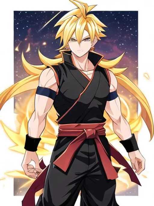 Prompt: Man as a Super Saiyan God, Dokkan Battle, Fire, wearing a Black gi, night time, stars