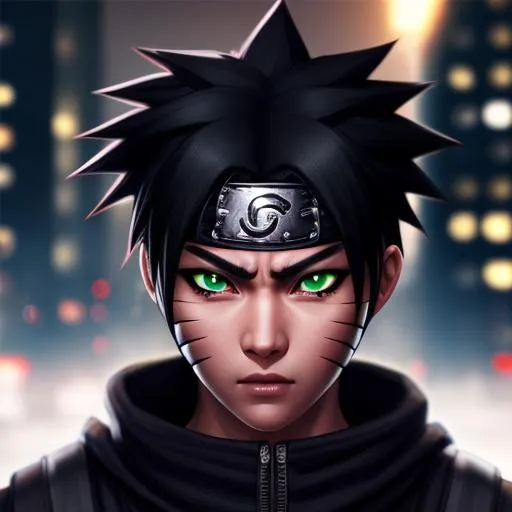 Prompt: Hyper-realistic, perfect, beautiful, BLACK ,ninja with messy naruto CUT and beautiful eyes, 8K, in the city lights 