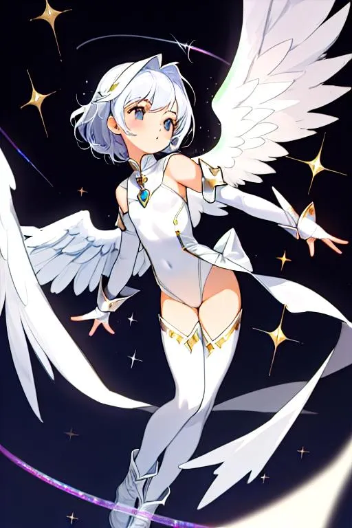 Prompt: small girl, priest, sparkly white leotard, flat chest, angel wings, full view, leggings, giant gauntlets, boots