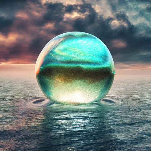 Prompt: cracked tessellated glass sphere stormy water iridescent orb planet bubbles clouds Canon Sony raytraced hurricane photorealistic
