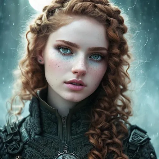 Prompt: Insanely detailed Portrait photograph of beautiful woman in army clothes, she has curly redhead hair and a dirt-smeared ultra detailed face, lacy white clothes, symmetrical blue eyes, silver circlet, cleavage, soft face, deep colors, full moon lighting glow background, shadows, Breathtaking Fantasycore Artwork By Android Jones, Jean Baptiste Monge, Alberto Seveso, Erin Hanson, Jeremy Mann. Intricate Photography, A Masterpiece, 8k Resolution Artstation, Unreal Engine 5, Cgsociety, Octane Photograph, sharp focus