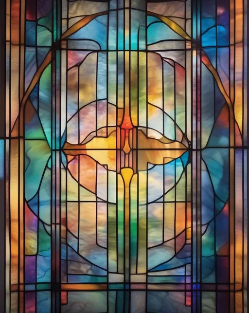 Prompt: A modernism-inspired artwork with dreamlike floating elements and vibrant colors, resembling a stained glass window. Capture the image with diffused lighting for a mystical ambiance.