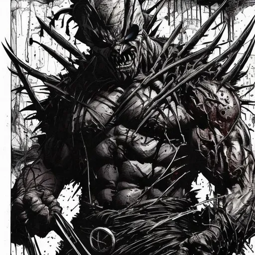 Prompt: Todd McFarlane Spawn Wolverine variant. muscular. dark gritty. Bloody. Hurt. Damaged. Accurate. realistic. evil eyes. Slow exposure. Detailed. Dirty. Dark and gritty. Post-apocalyptic. Shadows. Sinister. Intense. 