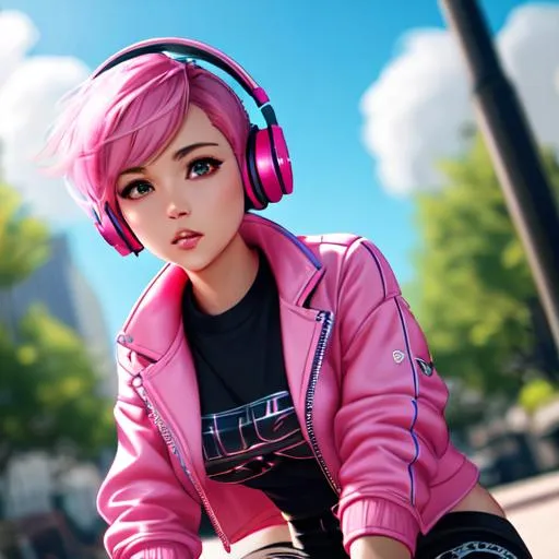 short pink haired tomboy, wears headphones, blowing... | OpenArt