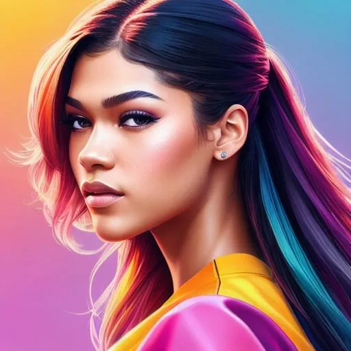 Prompt: Zendaya, color shading, illustration art, front, modern fashion, epic Instagram, artstation, hyperdetailed, unreal engine, modern anime style, anime face, complementary colors, 8k, deviantart masterpiece, oil painting, heavy strokes