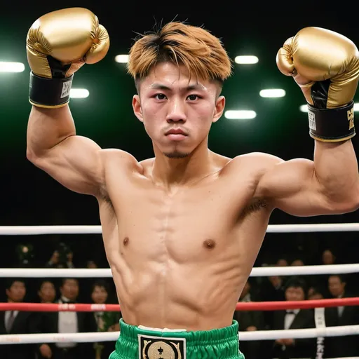 Prompt: Imagine a Japanese boxer resembling Naoya Inoue with golden and brownish hair. He is flexing his strong muscles with arms raised up. He is wearing green boxing gloves.