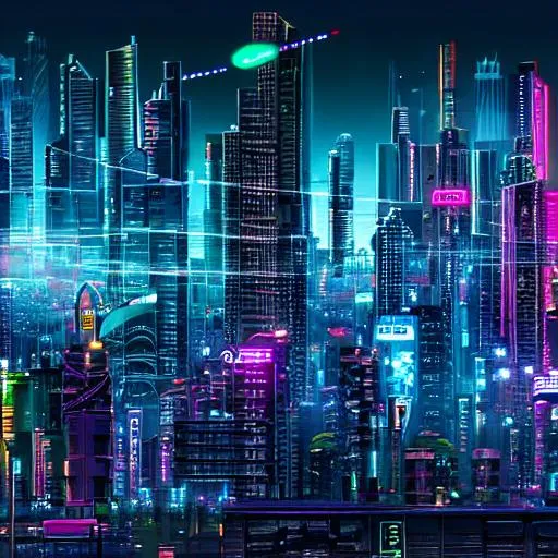 Prompt: 4k, High resolution, cyberpunk cityscape with bright neon lights, flying cars, and massive skyscrapers. The scene is highly detailed and busy, with a sharp focus on the buildings and lights. The composition is symmetrical and well balanced