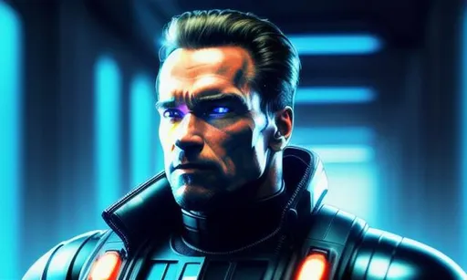 Prompt: Robotics-enhanced a full cyberpunk face portrait of Arnold Schwarzenegger as Terminator T-800, cybernetic enhancements, mechanical couplings, infused with futuristic technology and mechanization, metallic features and eyes, advanced exoskeleton, imposing presence, steely gaze, formidable stature, cyberpunk-inspired armour suit and mechanical legs and foots, slick and stylish threads, cityscape as backdrop, towering skyscrapers, bustling crowds, neon-streaked streets, gritty and dystopian atmosphere, slick and shimmering surface textures, intricate metallic details, dramatic and cinematic lighting, technologically advanced reflections, hyperrealistic shadows, post-apocalyptic vibes.