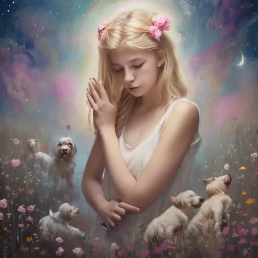 Prompt: dreamy painting of a blonde young woman looking for hope and answers in confusion and darkness. Except the girl include two white small dogs, a mom and dad, a young blonde girl and a brown haired teenage boy