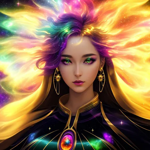 Prompt: Cosmic, Splendor, Beautiful, Vivid, cinematic, 3D, HD, {Liquid Plasma}(Melancholy Goddess) Nebula, gold silver Green Red Purple, mist, expansive Galactic background, hyper realistic, 8K --s98500