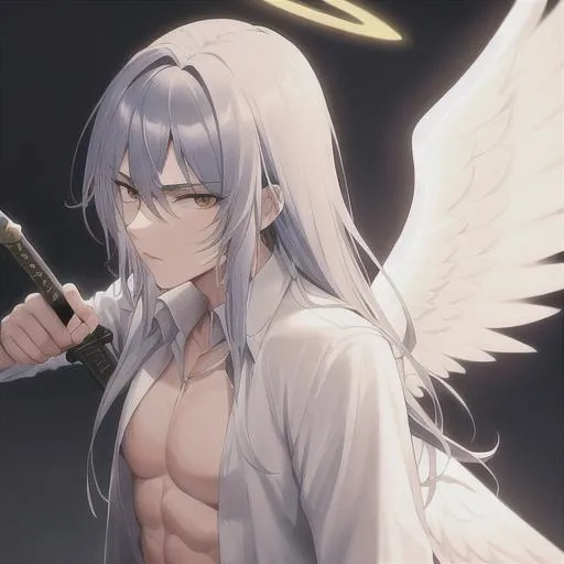 Prompt: 4k  on Tough looking male angel with wings and a halo (detailed face), wielding a holy sword, fighting
