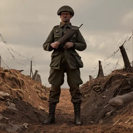 Prompt: world war 1 soldier in the trenches out in the middle of no where
