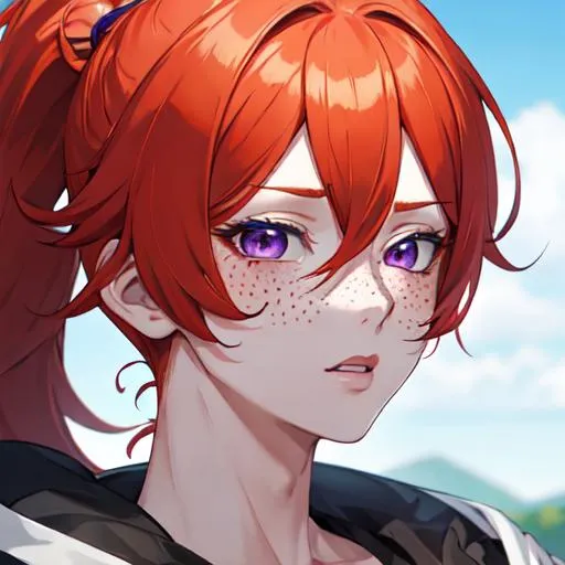Prompt: Erikku male adult (short ginger hair, freckles, right eye blue left eye purple) UHD, 8K, Highly detailed, insane detail, best quality, high quality, anime style, exhausted