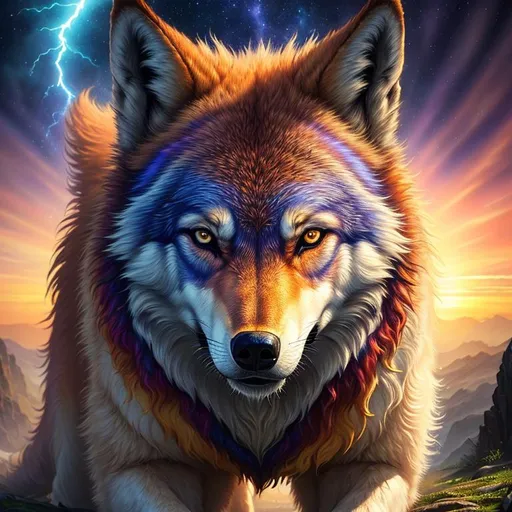 Prompt: (masterpiece, professional oil painting, epic digital art, best quality:1.5), insanely beautiful wolf, ancient, celestial guardian, growling, glaring, global illumination, psychedelic colors, illusion, sunrise, finely detailed, calm, detailed face, beautiful detailed eyes, beautiful defined detailed legs, beautiful detailed shading, slender, highly detailed body, (lightning halo), tilted halo, {body crackling with lightning}, billowing wild fur, lilac magic fur highlights, fox ears, jewel crusted crest, ice elements, {auroras} fill the sky, {ice storm}, crackling lightning, lightning charged atmosphere, full body focus, beautifully detailed background, cinematic, 64K, UHD, intricate detail, high quality, high detail, masterpiece, intricate facial detail, high quality, detailed face, intricate quality, intricate eye detail, highly detailed, high resolution scan, intricate detailed, highly detailed face, very detailed, high resolution