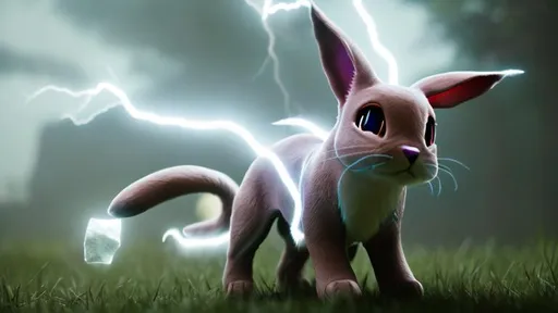 Prompt: evee touching a thunder stone to evolve while lightning hits in the background