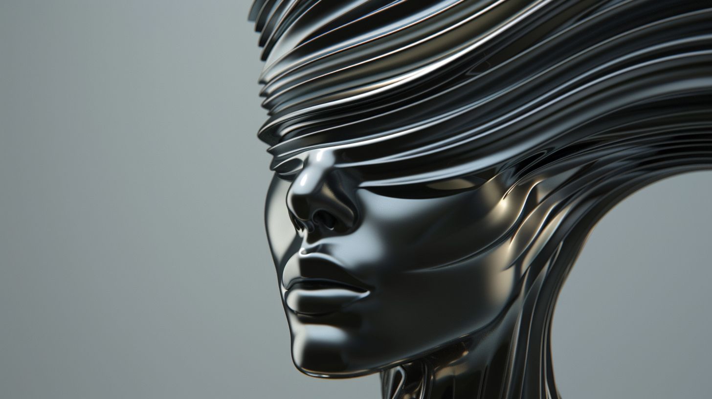 Prompt: Close-up of a female head with flowing, striped hair, rendered in the style of abstraction-création. The hair is made of smooth, liquid metal, reminiscent of the works of Zaha Hadid. Render in stunning 8k 3D detail, with a focus on the figura serpentinata form.